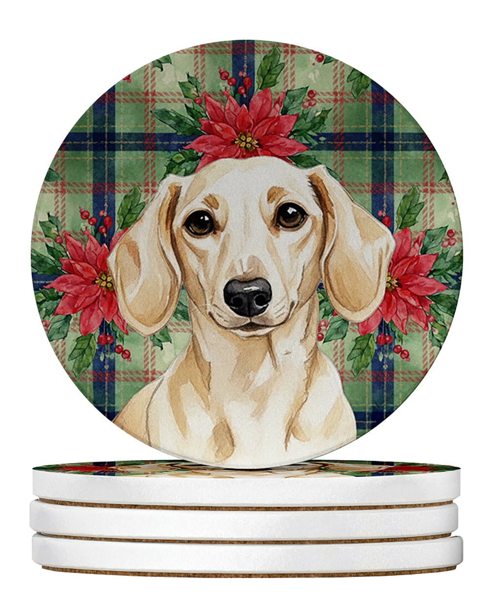 Cream Dachshund Christmas PoinsettIas Large Sandstone Coasters Pack of 4 Absorbent Round Coasters Decor Gifts for Men or Women, 4 in, Multicolor