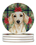 Cream Dachshund Christmas PoinsettIas Large Sandstone Coasters Pack of 4 Absorbent Round Coasters Decor Gifts for Men or Women, 4 in, Multicolor