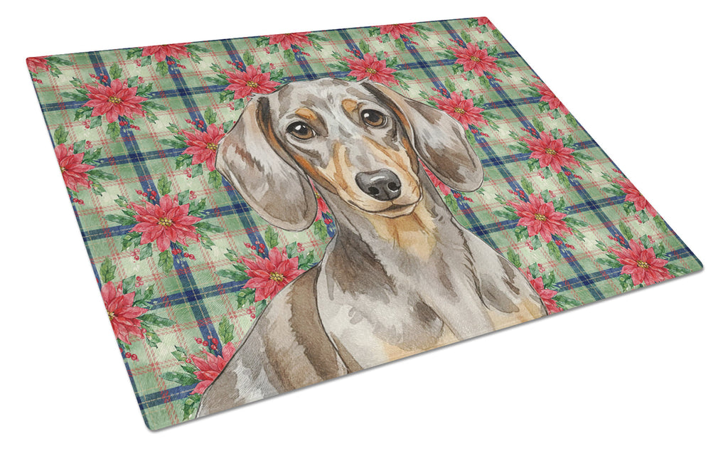 Dapple Dachshund Christmas PoinsettIas Cutting Board Tempered Glass Kitchen Cutting Surface, Heat Resistant Chopping, Non-Slip Feet, Food Prep & Serving
