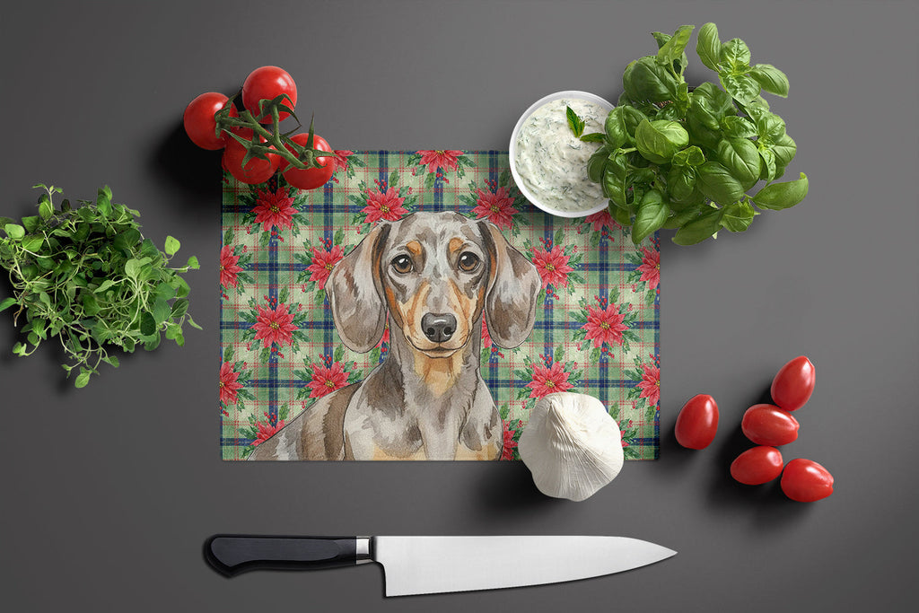Dapple Dachshund Christmas PoinsettIas Cutting Board Tempered Glass Kitchen Cutting Surface, Heat Resistant Chopping, Non-Slip Feet, Food Prep & Serving