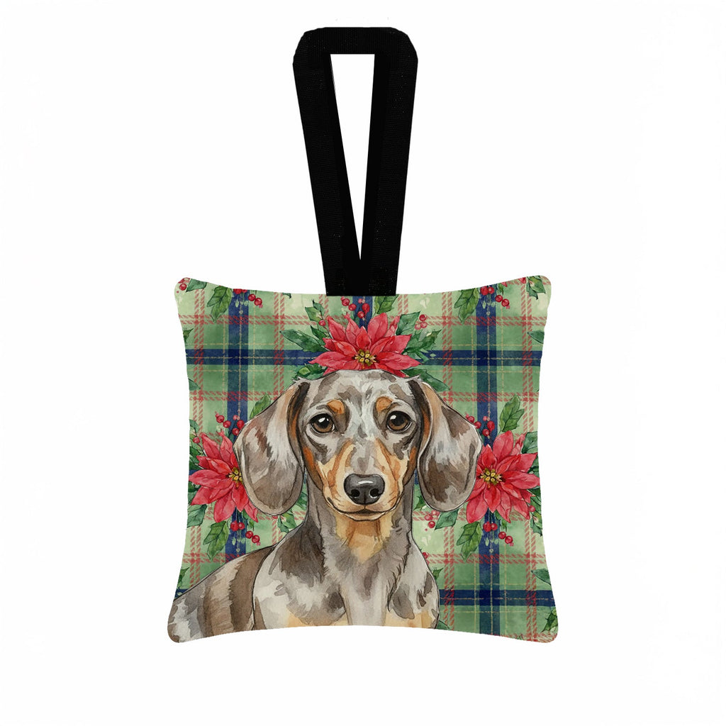 Dapple Dachshund Christmas PoinsettIas Hanging Square Fabric Ornament 3.5 � 3.5 Decorative Door-Knob & Tree Hanger, Soft Fabric