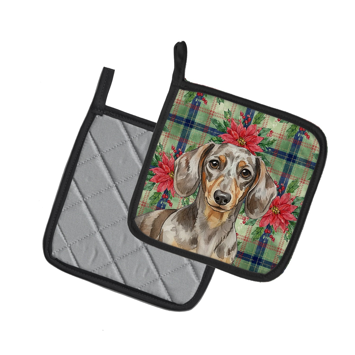 Dapple Dachshund Christmas PoinsettIas Pot Holder Set of 2 Heat Resistant Quilted Hot Pads 7.5 x 7.5 Inch, Insulated Kitchen Trivets for Cooking & Baking