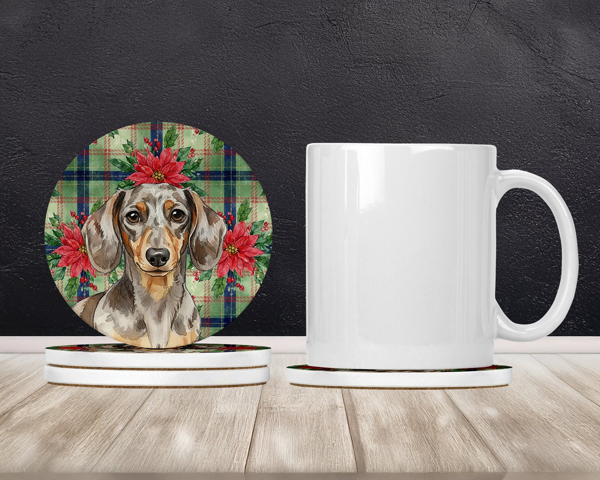Dapple Dachshund Christmas PoinsettIas Large Sandstone Coasters Pack of 4 Absorbent Round Coasters Decor Gifts for Men or Women, 4 in, Multicolor