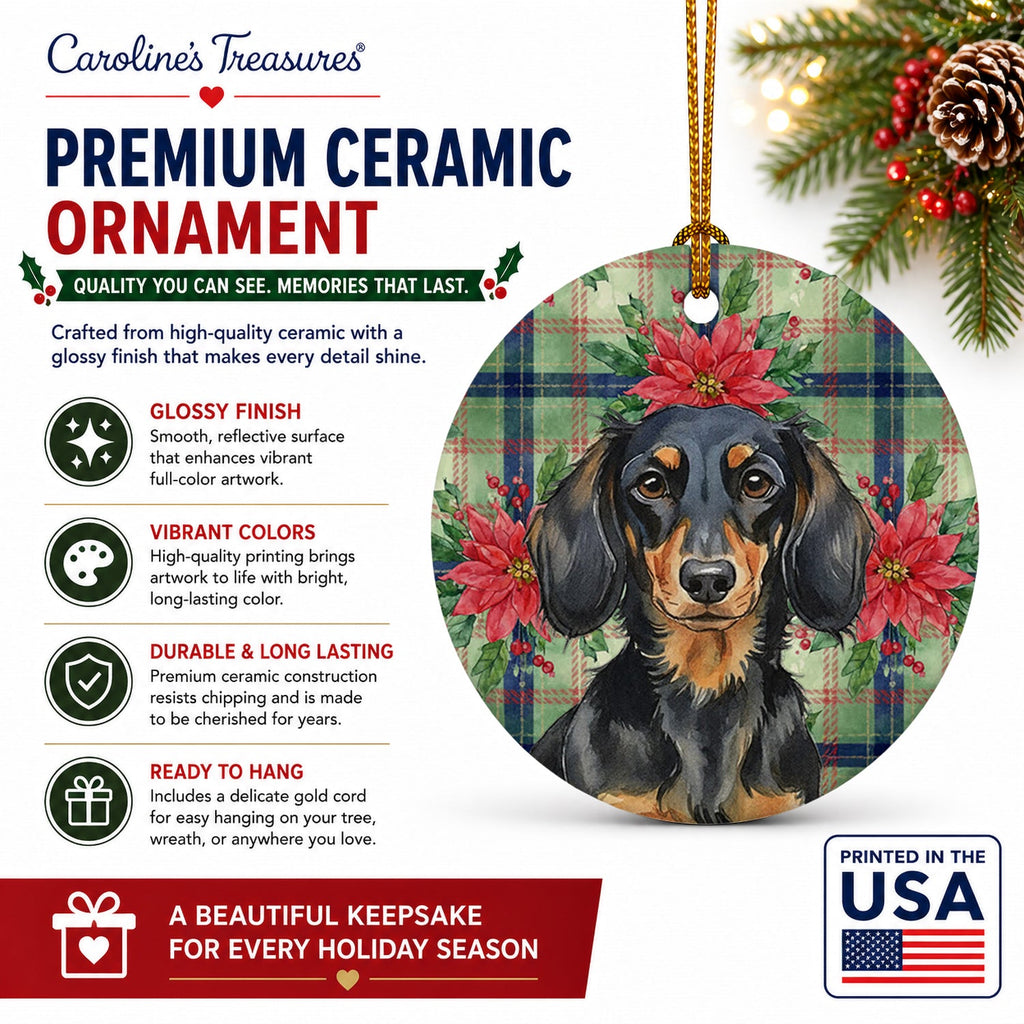 Longhaired Black and Tan Dachshund Christmas PoinsettIas Ceramic Ornament Christmas Tree Hanging Decorations for Home Christmas Holiday, Party, Gift, 3 in, Multicolor