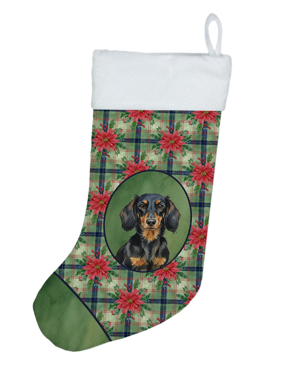 Longhaired Black and Tan Dachshund Christmas PoinsettIas Holiday Stocking Double-Sided Print, Polyester Suede,11x18, Made in USA