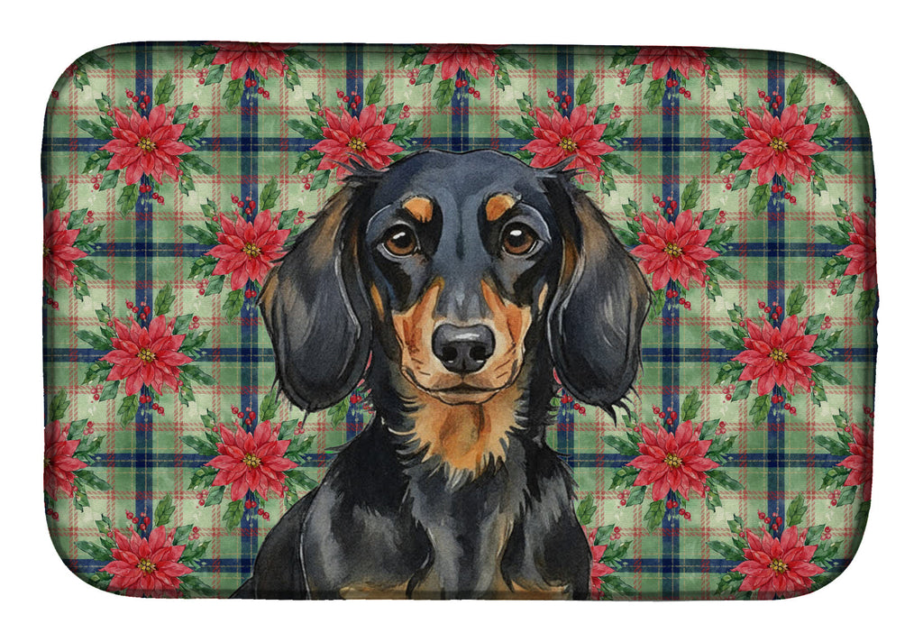Longhaired Black and Tan Dachshund Christmas PoinsettIas Dish Drying Mat Absorbent Dish Drying Mat Pad for Kitchen Counter Dish Drainer Mat for Countertop, 14 x 21", Multicolor
