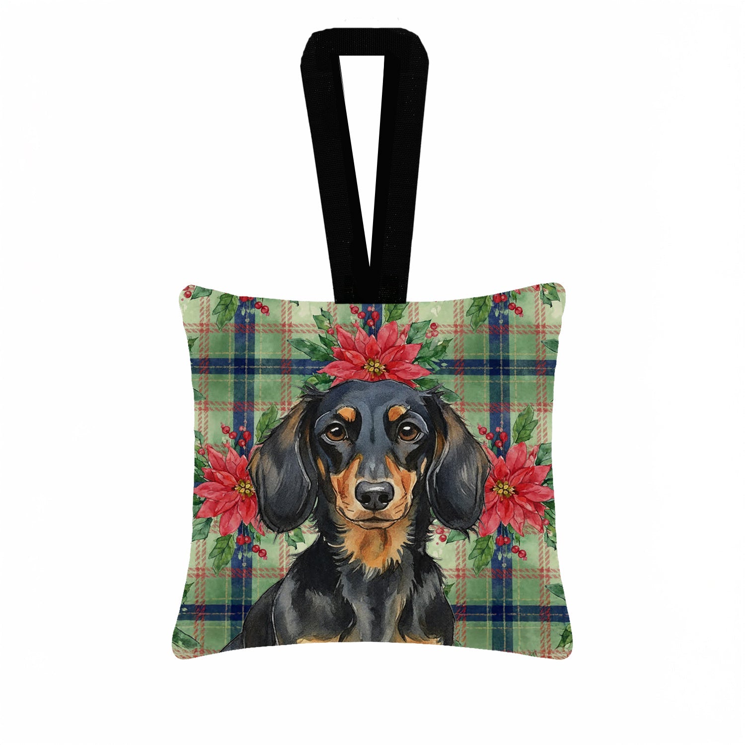 Longhaired Black and Tan Dachshund Christmas PoinsettIas Hanging Square Fabric Ornament 3.5 � 3.5 Decorative Door-Knob & Tree Hanger, Soft Fabric