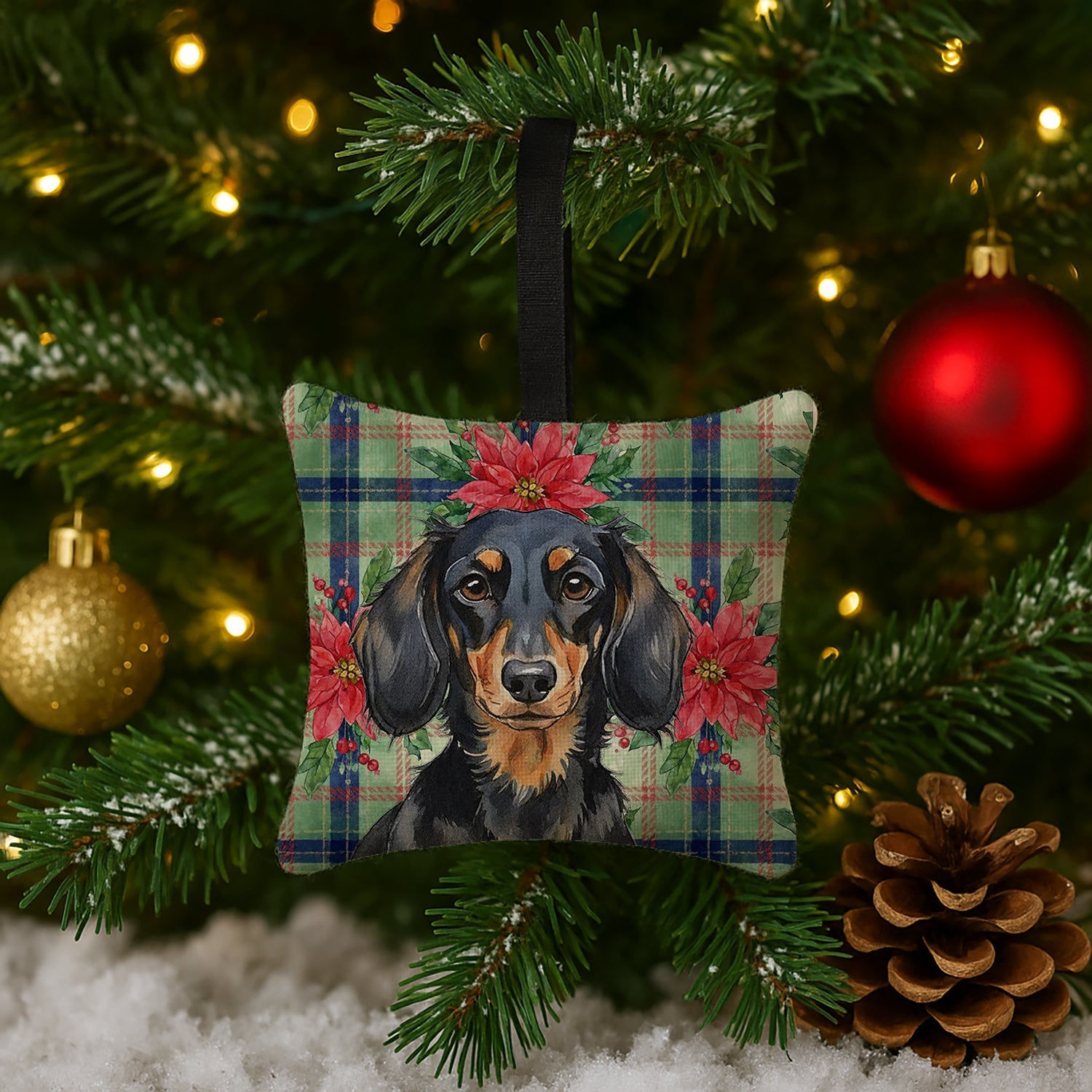 Longhaired Black and Tan Dachshund Christmas PoinsettIas Hanging Square Fabric Ornament 3.5 � 3.5 Decorative Door-Knob & Tree Hanger, Soft Fabric