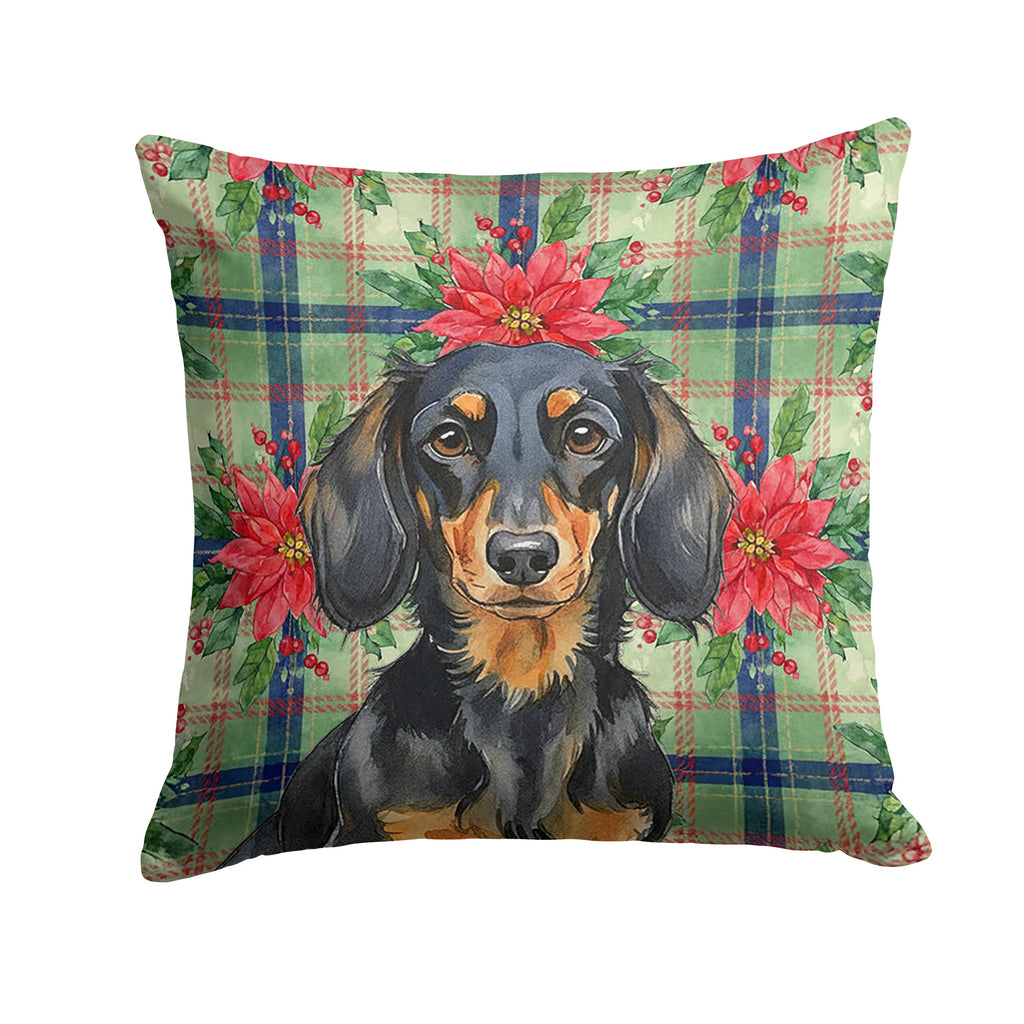 Longhaired Black and Tan Dachshund Christmas PoinsettIas Decorative Throw Pillow 14x14 Indoor Outdoor Accent Cushion, Fabric Cover with Insert for Sofa, Bed, Porch & Living Room