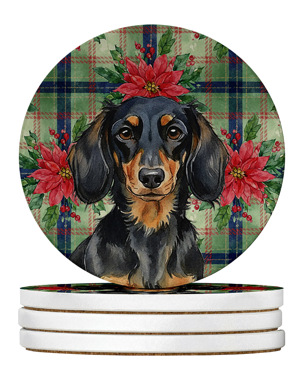 Longhaired Black and Tan Dachshund Christmas PoinsettIas Large Sandstone Coasters Pack of 4 Absorbent Round Coasters Decor Gifts for Men or Women, 4 in, Multicolor