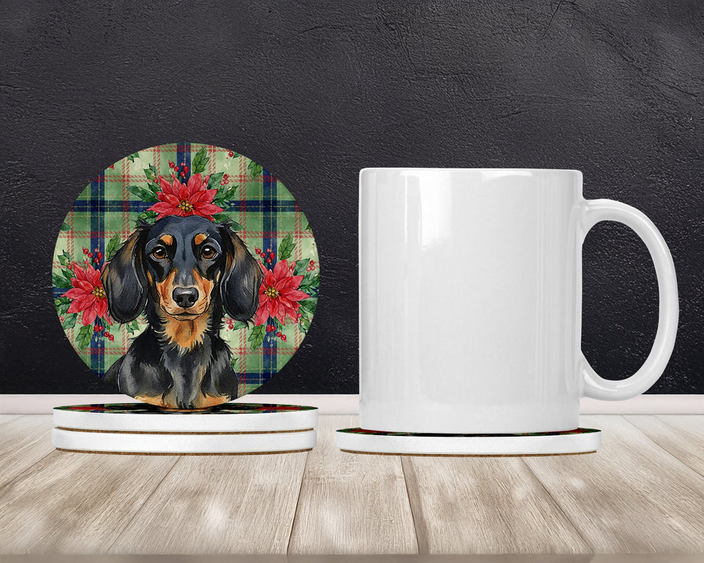 Longhaired Black and Tan Dachshund Christmas PoinsettIas Large Sandstone Coasters Pack of 4 Absorbent Round Coasters Decor Gifts for Men or Women, 4 in, Multicolor