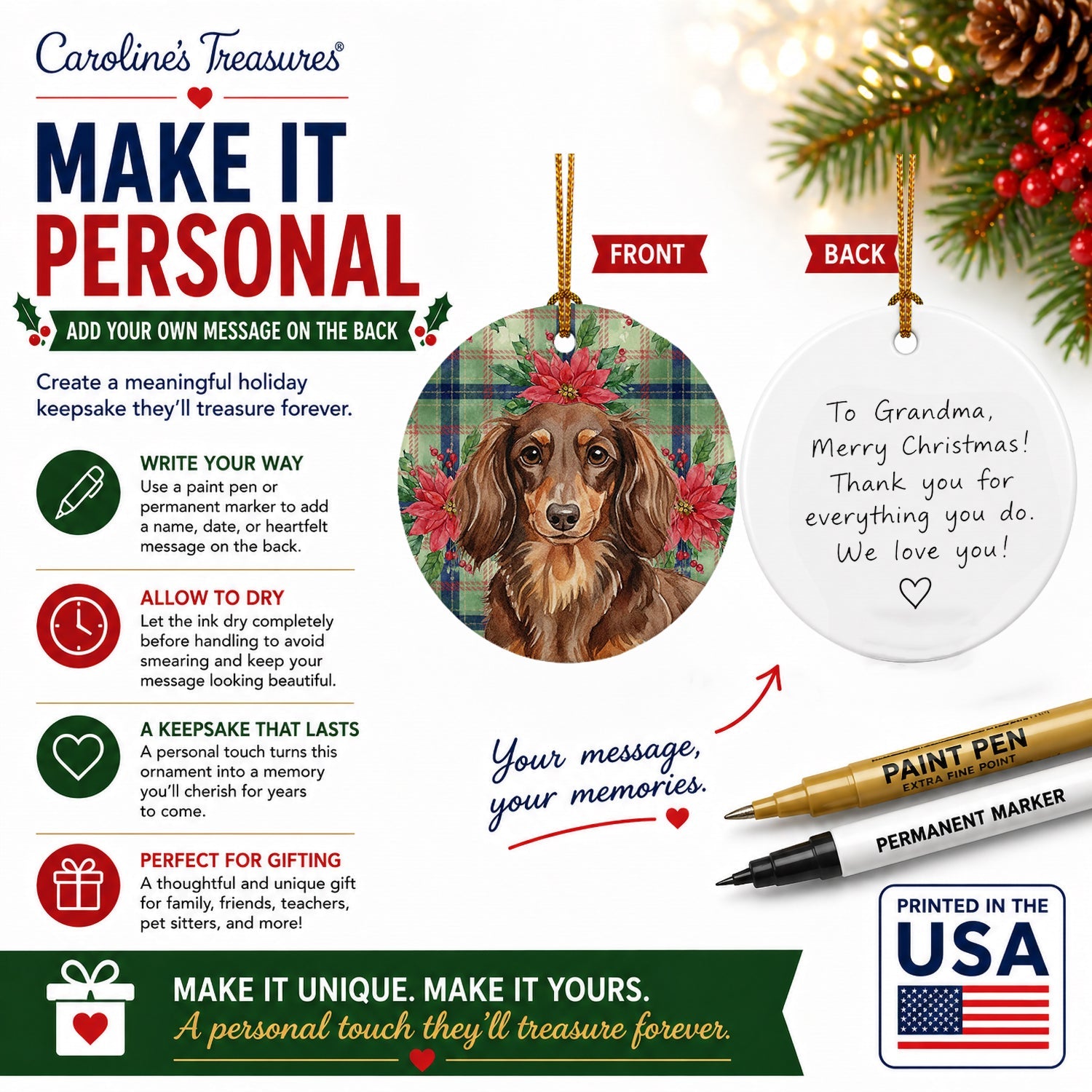 Longhaired Chocolate and Tan Dachshund Christmas PoinsettIas Ceramic Ornament Christmas Tree Hanging Decorations for Home Christmas Holiday, Party, Gift, 3 in, Multicolor