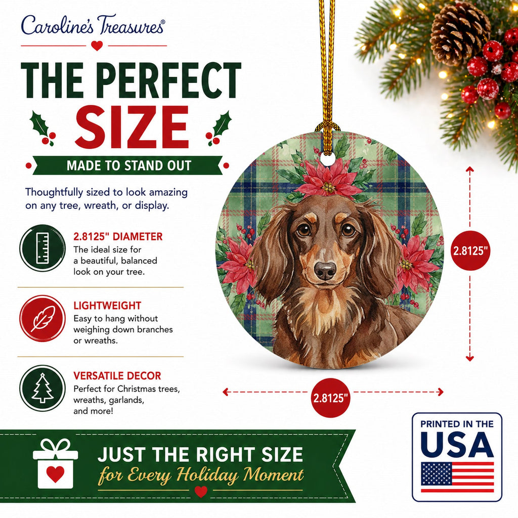 Longhaired Chocolate and Tan Dachshund Christmas PoinsettIas Ceramic Ornament Christmas Tree Hanging Decorations for Home Christmas Holiday, Party, Gift, 3 in, Multicolor