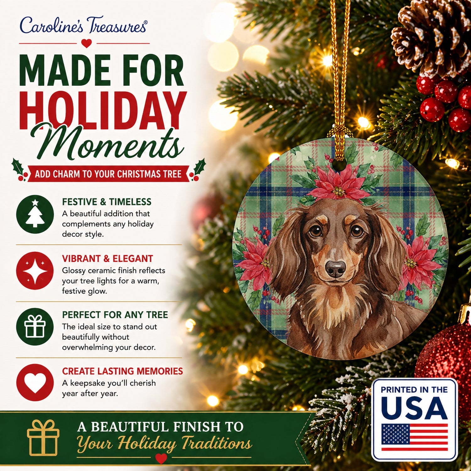 Longhaired Chocolate and Tan Dachshund Christmas PoinsettIas Ceramic Ornament Christmas Tree Hanging Decorations for Home Christmas Holiday, Party, Gift, 3 in, Multicolor