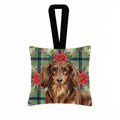 Longhaired Chocolate and Tan Dachshund Christmas PoinsettIas Hanging Square Fabric Ornament 3.5 � 3.5 Decorative Door-Knob & Tree Hanger, Soft Fabric