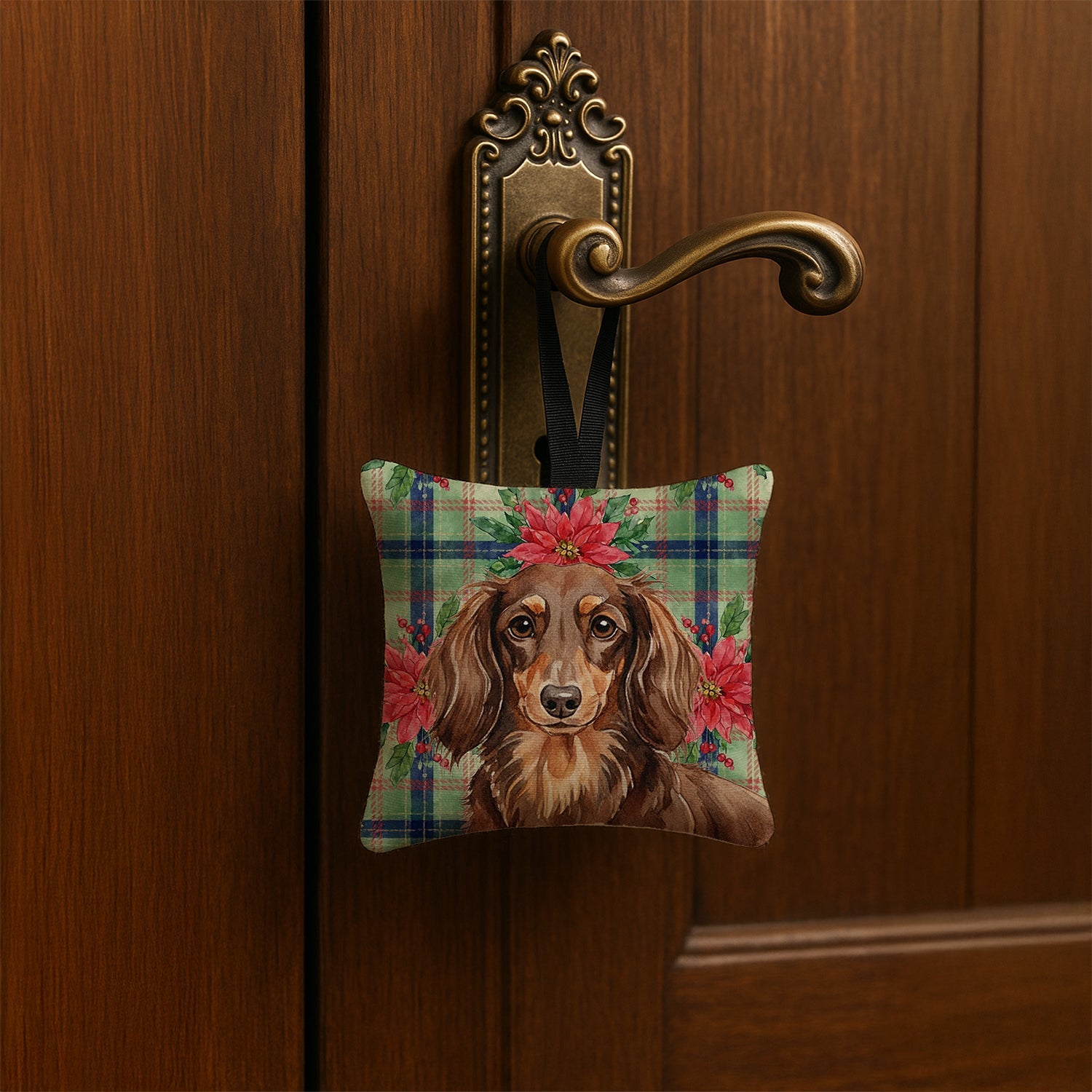 Longhaired Chocolate and Tan Dachshund Christmas PoinsettIas Hanging Square Fabric Ornament 3.5 � 3.5 Decorative Door-Knob & Tree Hanger, Soft Fabric