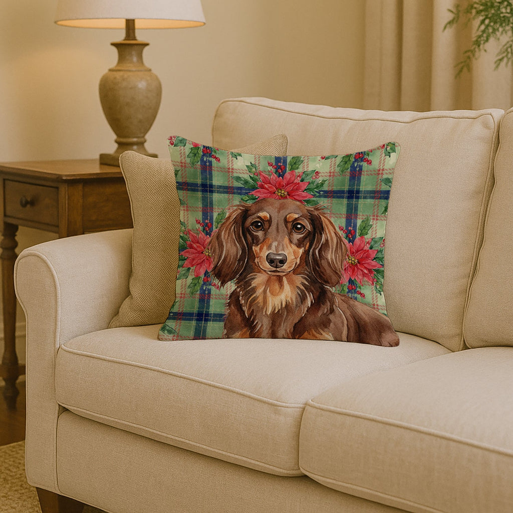 Longhaired Chocolate and Tan Dachshund Christmas PoinsettIas Decorative Throw Pillow 14x14 Indoor Outdoor Accent Cushion, Fabric Cover with Insert for Sofa, Bed, Porch & Living Room