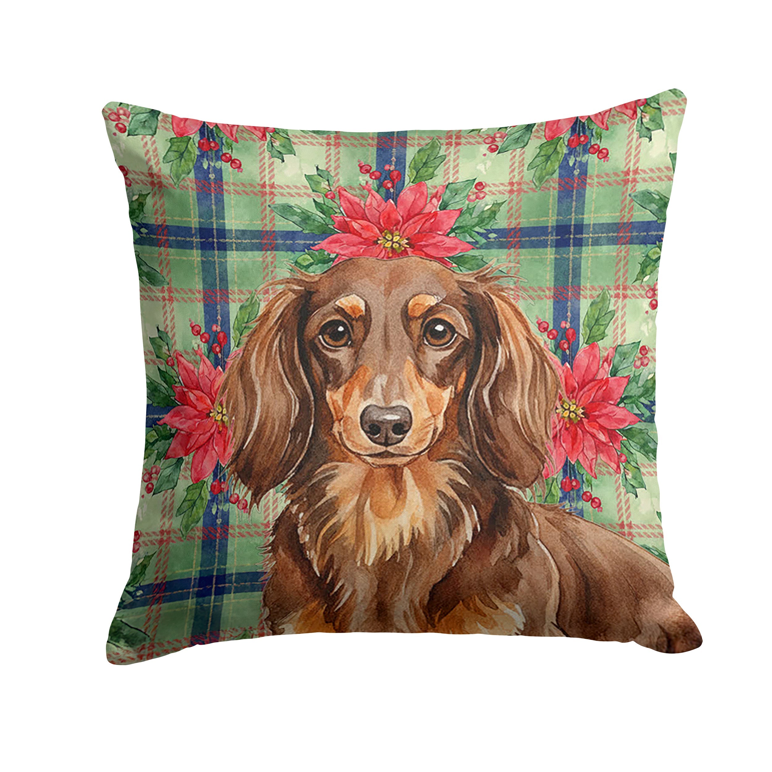 Longhaired Chocolate and Tan Dachshund Christmas PoinsettIas Decorative Throw Pillow 18x18 Indoor Outdoor Accent Cushion, Fabric Cover with Insert for Sofa, Bed, Porch & Living Room