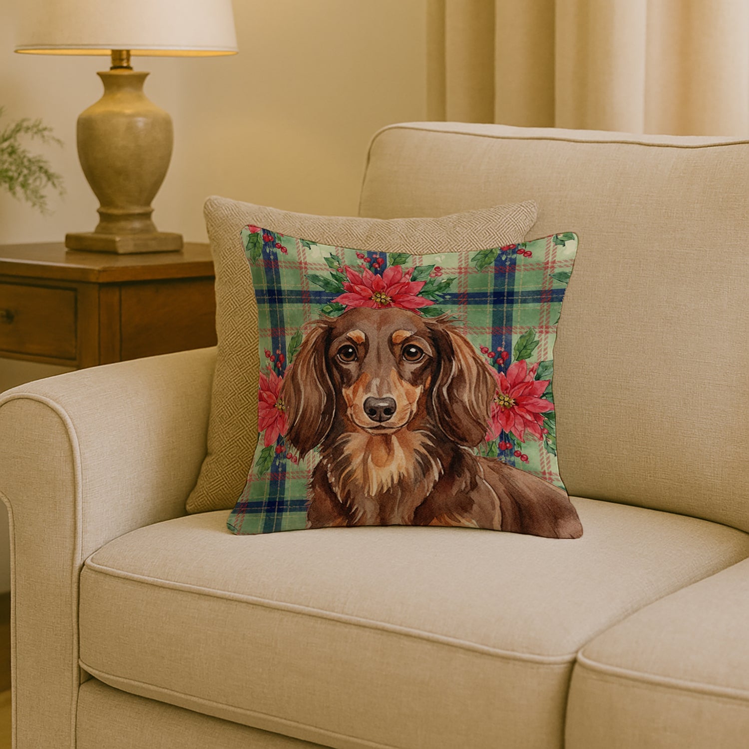 Longhaired Chocolate and Tan Dachshund Christmas PoinsettIas Decorative Throw Pillow 18x18 Indoor Outdoor Accent Cushion, Fabric Cover with Insert for Sofa, Bed, Porch & Living Room