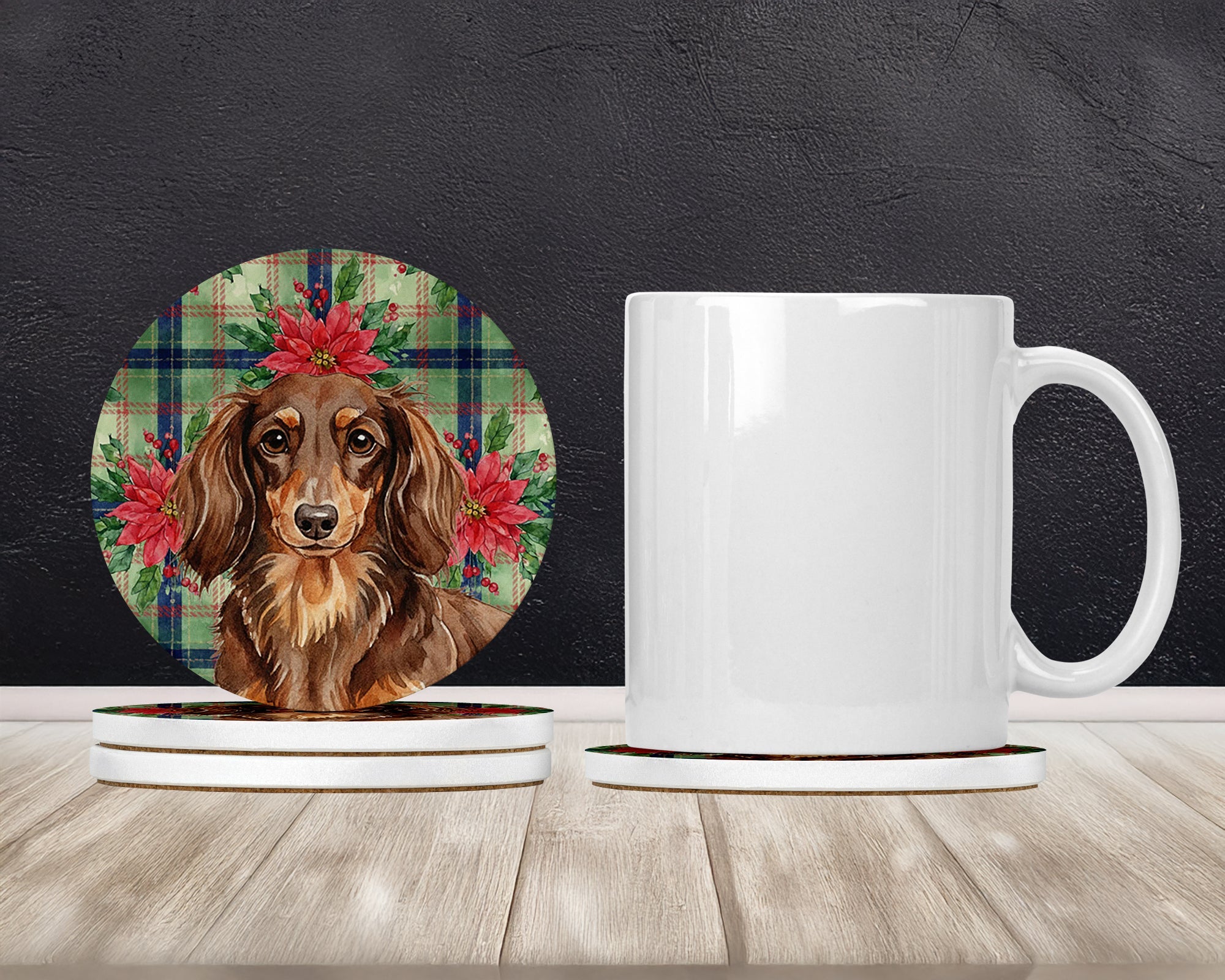 Longhaired Chocolate and Tan Dachshund Christmas PoinsettIas Large Sandstone Coasters Pack of 4 Absorbent Round Coasters Decor Gifts for Men or Women, 4 in, Multicolor