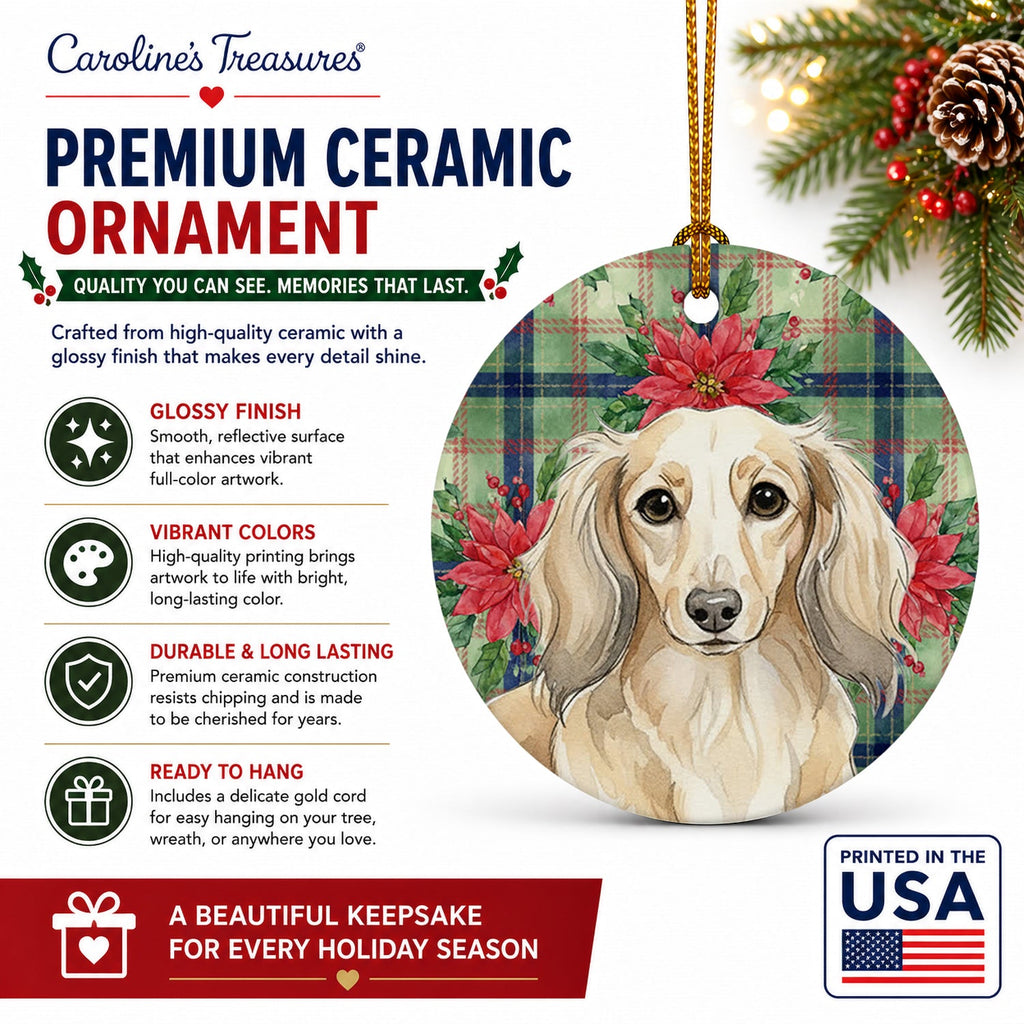 Longhaired Cream Dachshund Christmas PoinsettIas Ceramic Ornament Christmas Tree Hanging Decorations for Home Christmas Holiday, Party, Gift, 3 in, Multicolor