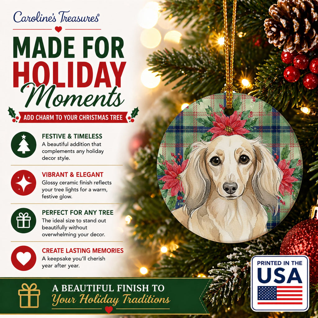 Longhaired Cream Dachshund Christmas PoinsettIas Ceramic Ornament Christmas Tree Hanging Decorations for Home Christmas Holiday, Party, Gift, 3 in, Multicolor