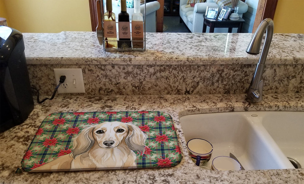 Longhaired Cream Dachshund Christmas PoinsettIas Dish Drying Mat Absorbent Dish Drying Mat Pad for Kitchen Counter Dish Drainer Mat for Countertop, 14 x 21", Multicolor