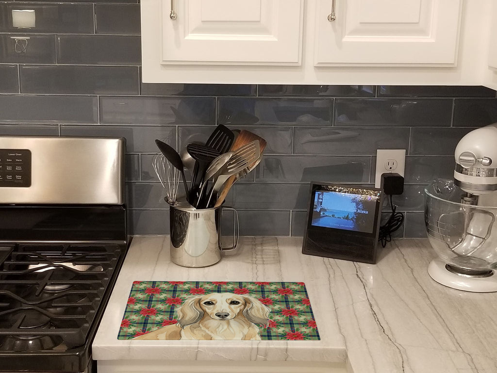 Longhaired Cream Dachshund Christmas PoinsettIas Cutting Board Tempered Glass Kitchen Cutting Surface, Heat Resistant Chopping, Non-Slip Feet, Food Prep & Serving