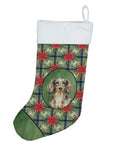 Longhaired Dapple Dachshund Christmas PoinsettIas Holiday Stocking Double-Sided Print, Polyester Suede,11x18, Made in USA