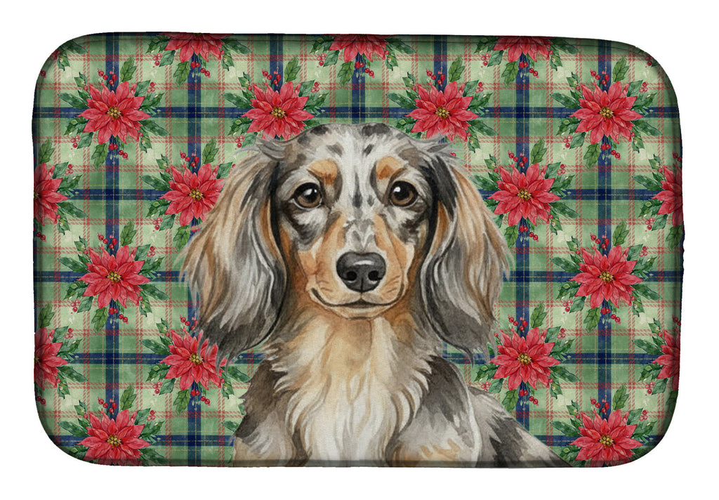 Longhaired Dapple Dachshund Christmas PoinsettIas Dish Drying Mat Absorbent Dish Drying Mat Pad for Kitchen Counter Dish Drainer Mat for Countertop, 14 x 21", Multicolor