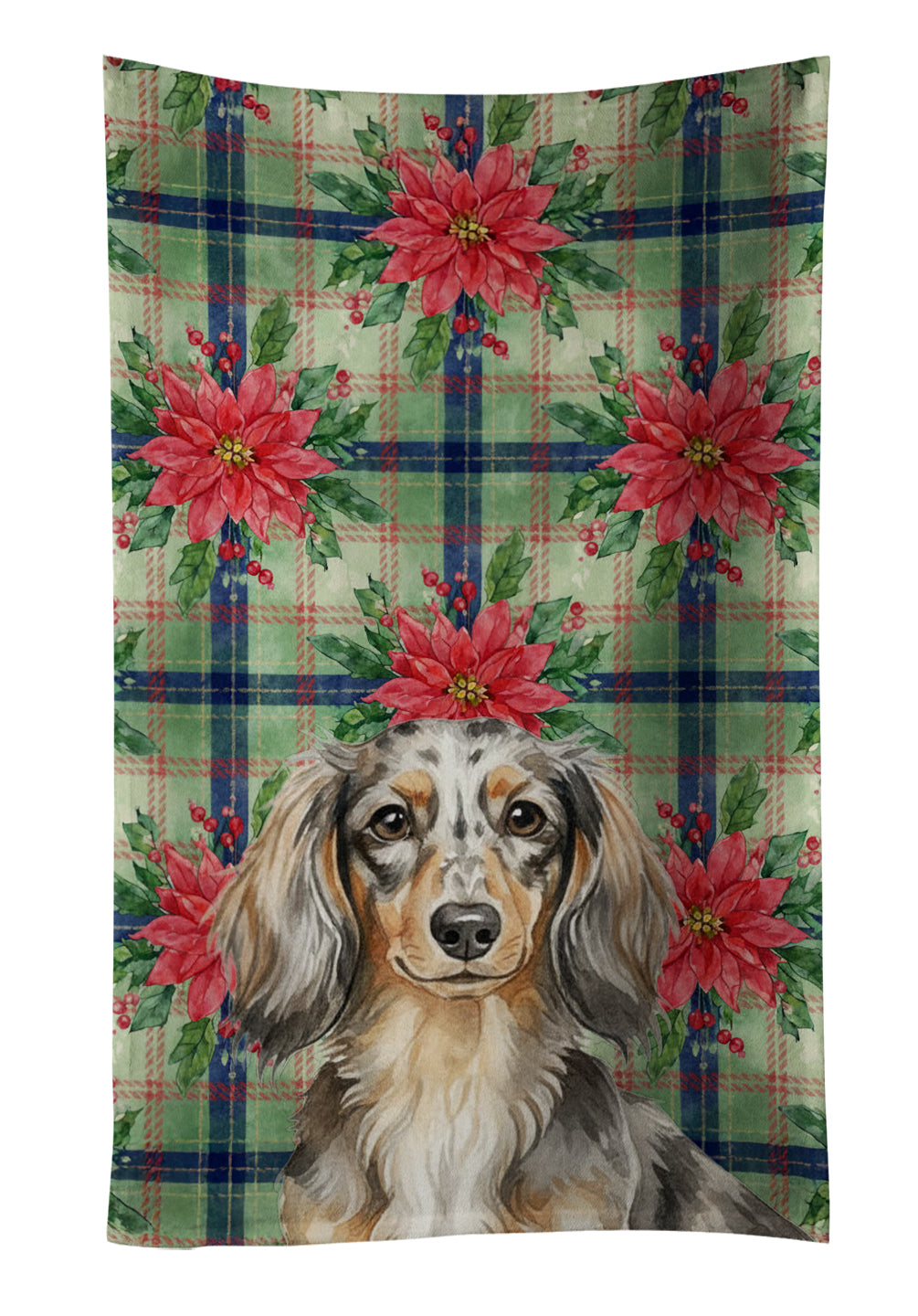Longhaired Dapple Dachshund Christmas PoinsettIas Kitchen Towel Velour Plush Front and Cotton Loop Back Machine Washable