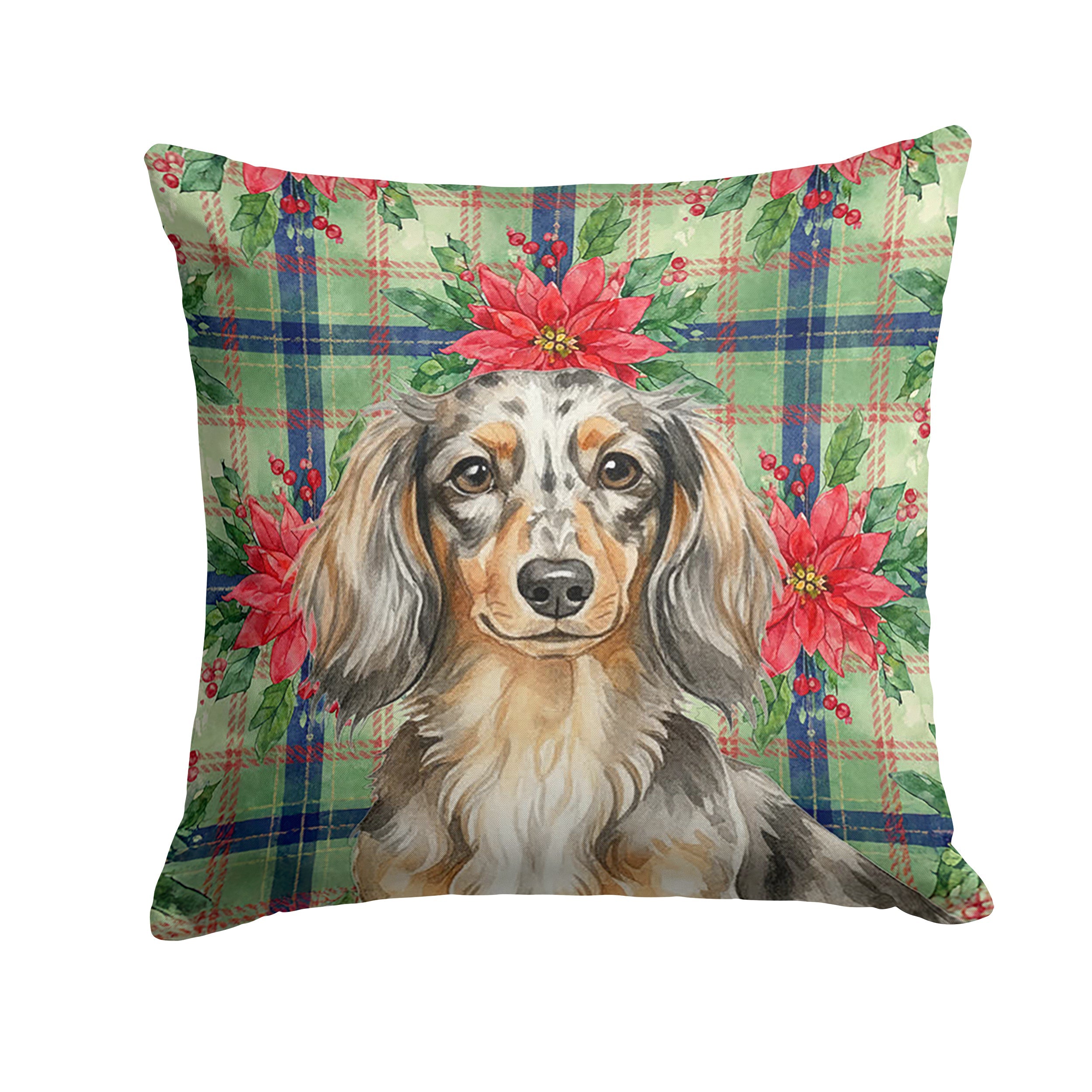 Longhaired Dapple Dachshund Christmas PoinsettIas Decorative Throw Pillow 14x14 Indoor Outdoor Accent Cushion, Fabric Cover with Insert for Sofa, Bed, Porch & Living Room
