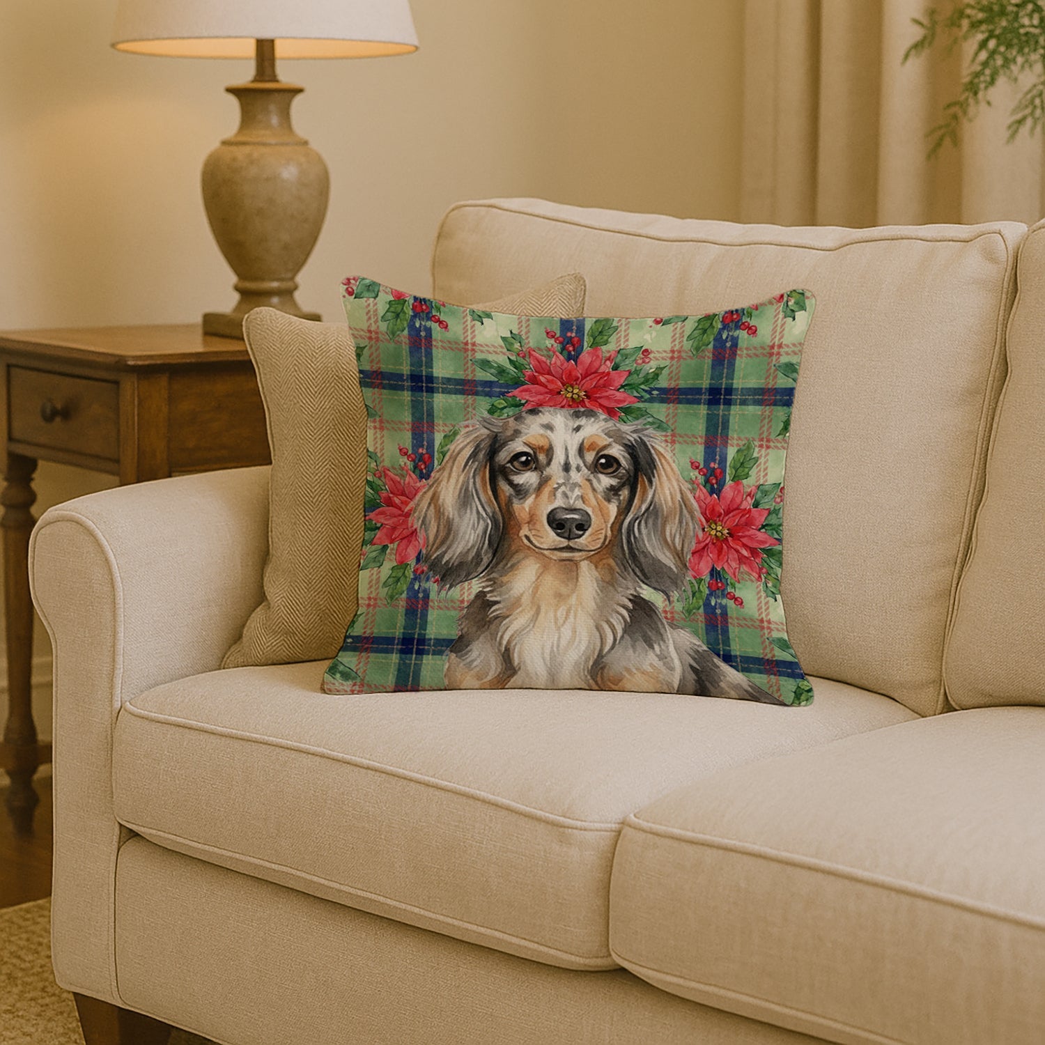 Longhaired Dapple Dachshund Christmas PoinsettIas Decorative Throw Pillow 14x14 Indoor Outdoor Accent Cushion, Fabric Cover with Insert for Sofa, Bed, Porch & Living Room