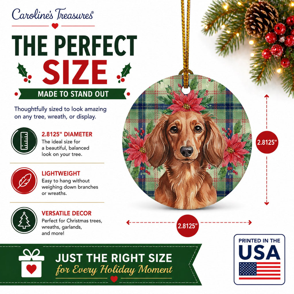 Longhaired Red Dachshund Christmas PoinsettIas Ceramic Ornament Christmas Tree Hanging Decorations for Home Christmas Holiday, Party, Gift, 3 in, Multicolor