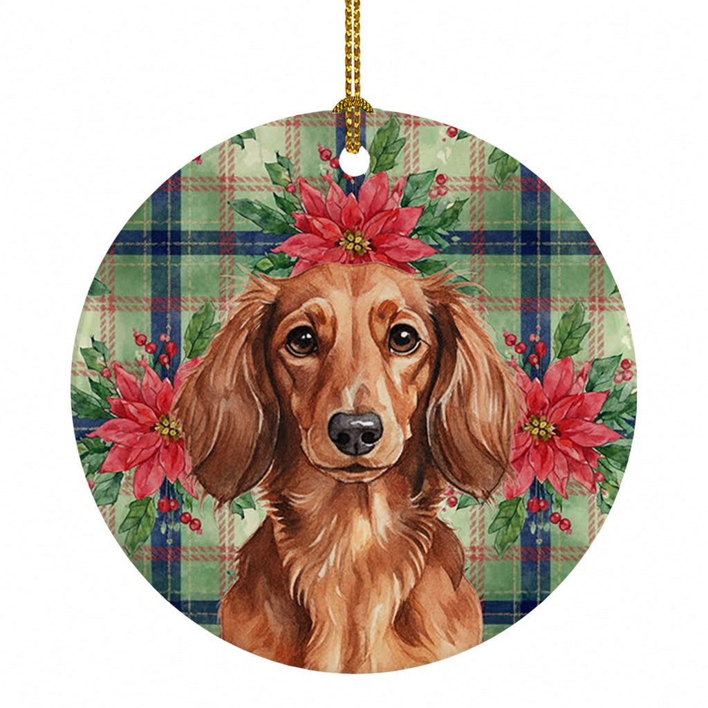 Longhaired Red Dachshund Christmas PoinsettIas Ceramic Ornament Christmas Tree Hanging Decorations for Home Christmas Holiday, Party, Gift, 3 in, Multicolor
