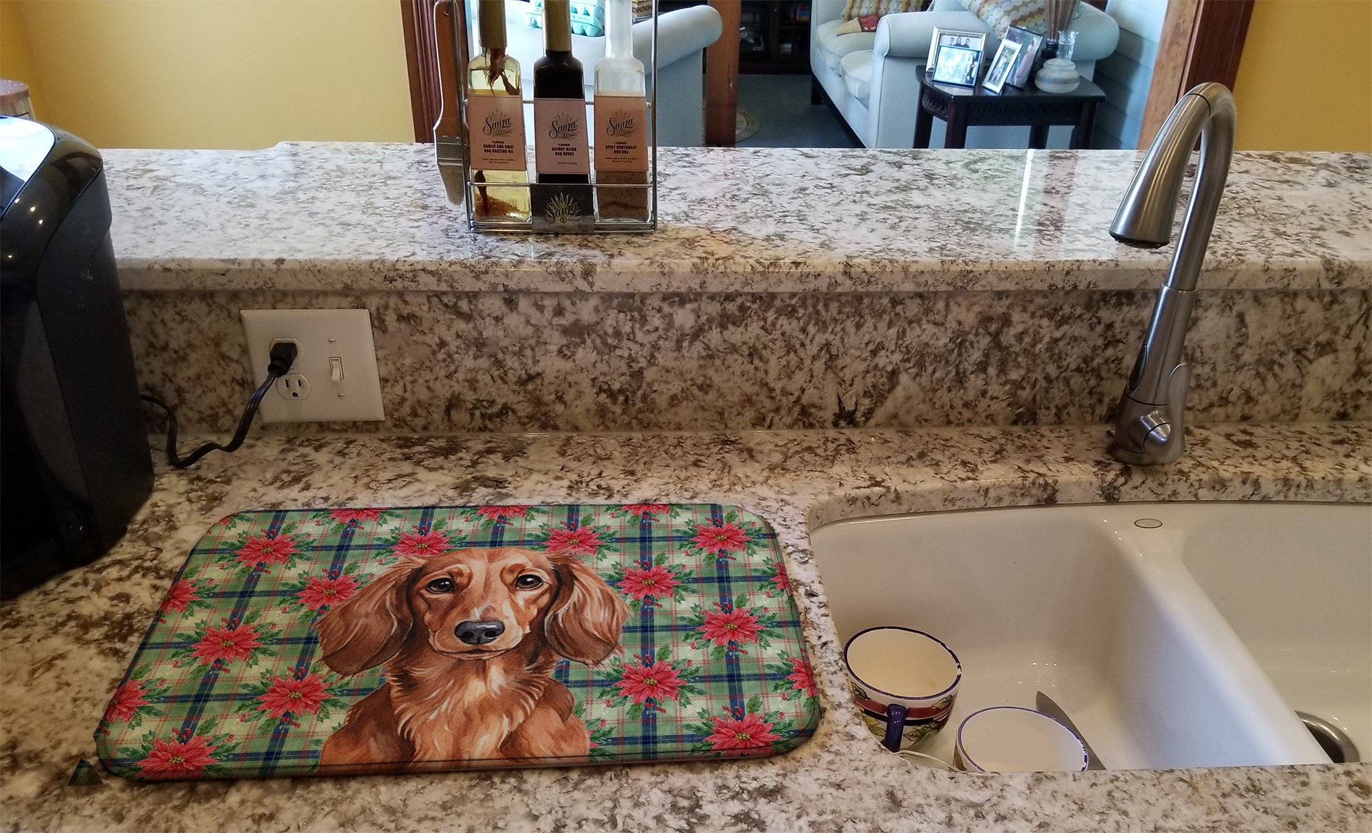 Longhaired Red Dachshund Christmas PoinsettIas Dish Drying Mat Absorbent Dish Drying Mat Pad for Kitchen Counter Dish Drainer Mat for Countertop, 14 x 21", Multicolor