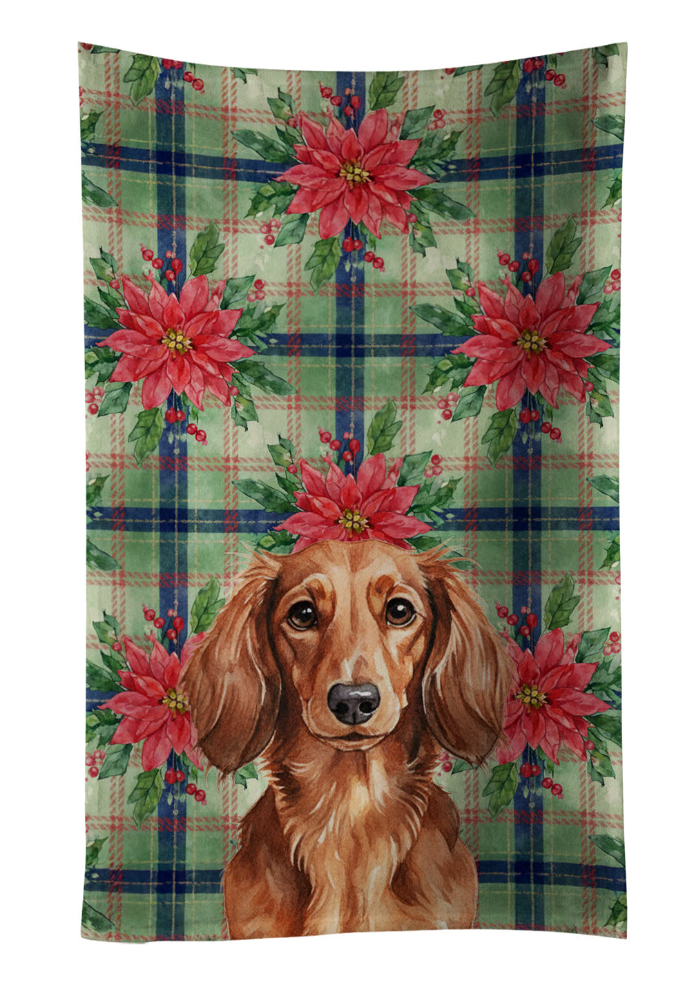 Longhaired Red Dachshund Christmas PoinsettIas Kitchen Towel Velour Plush Front and Cotton Loop Back Machine Washable