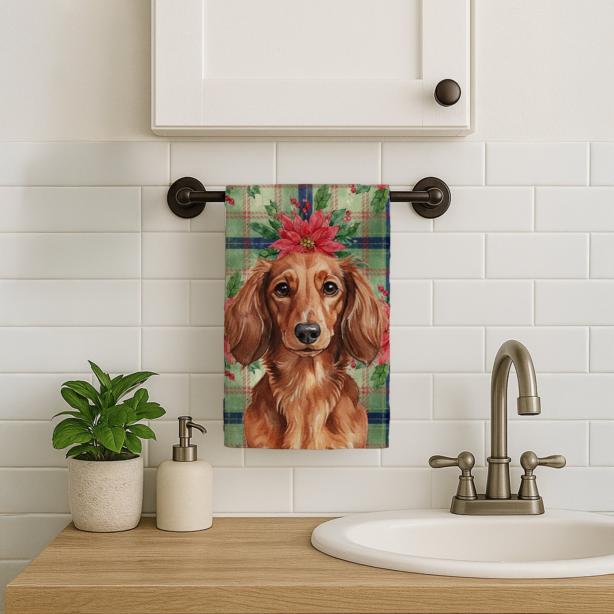 Longhaired Red Dachshund Christmas PoinsettIas Kitchen Towel Velour Plush Front and Cotton Loop Back Machine Washable