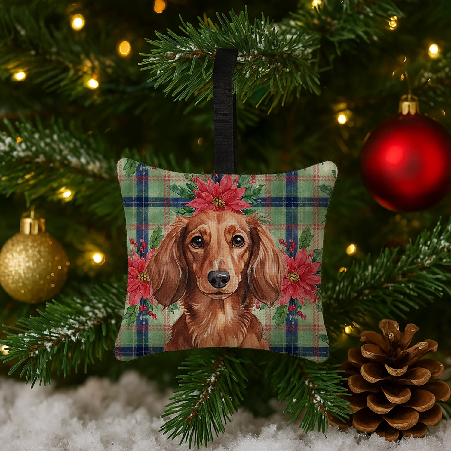 Longhaired Red Dachshund Christmas PoinsettIas Hanging Square Fabric Ornament 3.5 � 3.5 Decorative Door-Knob & Tree Hanger, Soft Fabric