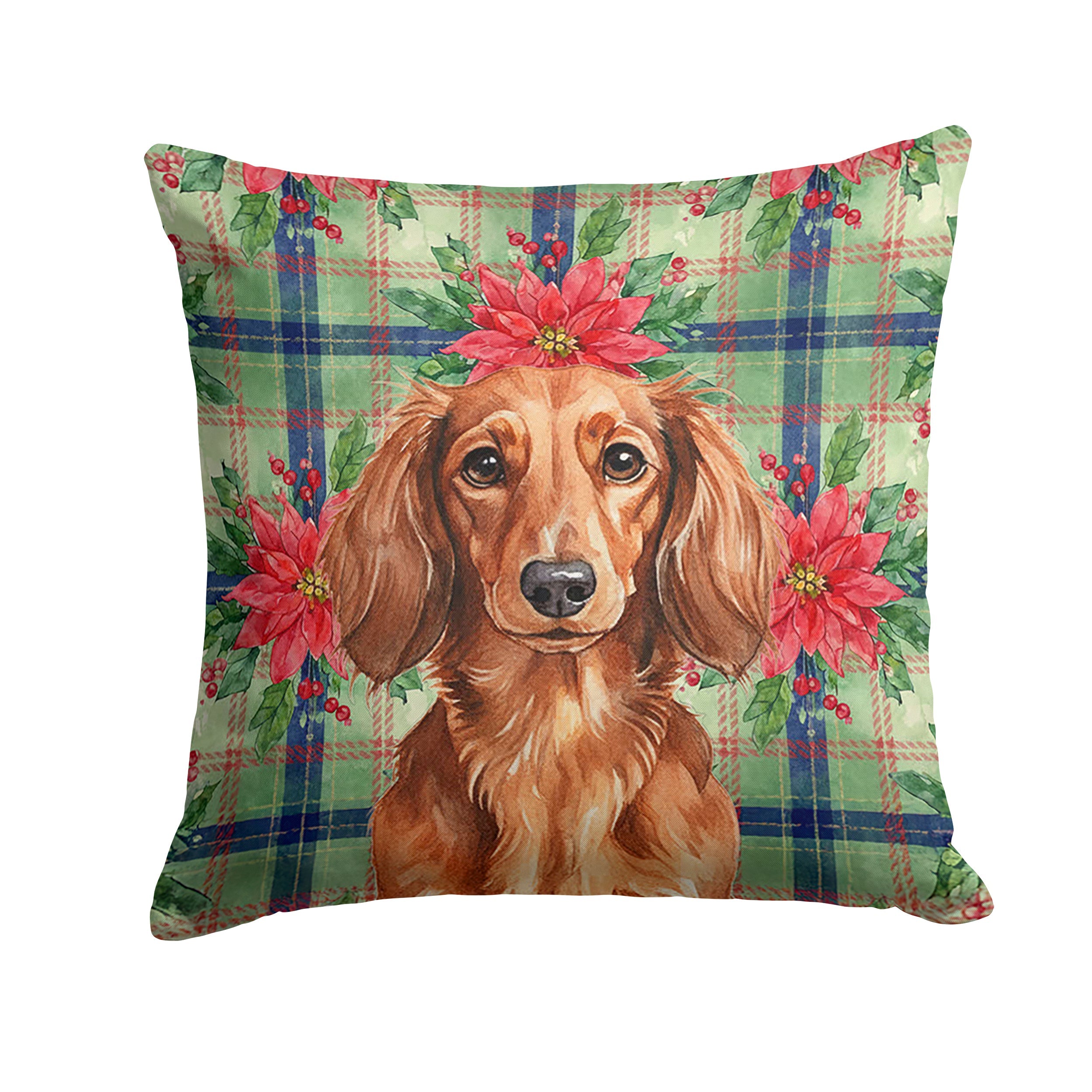 Longhaired Red Dachshund Christmas PoinsettIas Decorative Throw Pillow 14x14 Indoor Outdoor Accent Cushion, Fabric Cover with Insert for Sofa, Bed, Porch & Living Room