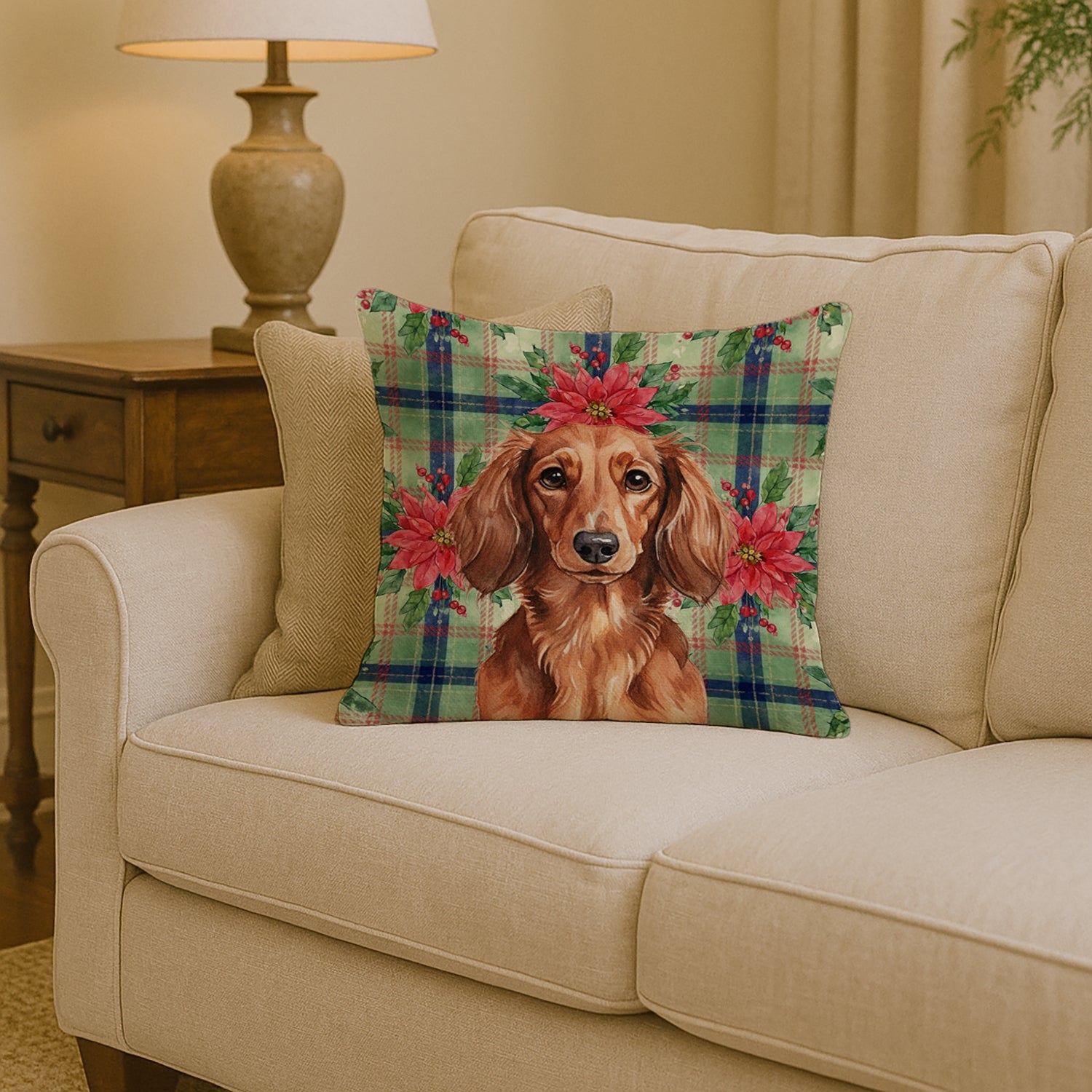 Longhaired Red Dachshund Christmas PoinsettIas Decorative Throw Pillow 14x14 Indoor Outdoor Accent Cushion, Fabric Cover with Insert for Sofa, Bed, Porch & Living Room