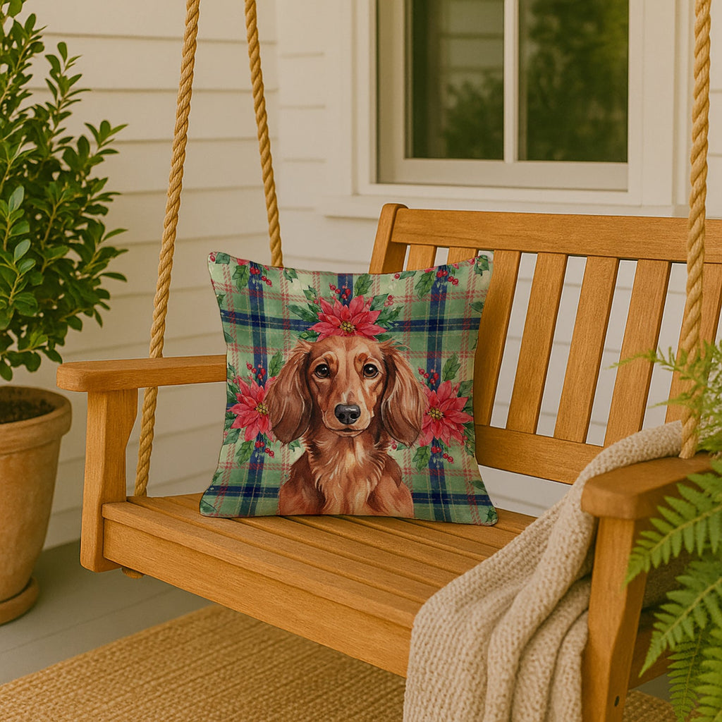 Longhaired Red Dachshund Christmas PoinsettIas Decorative Throw Pillow 18x18 Indoor Outdoor Accent Cushion, Fabric Cover with Insert for Sofa, Bed, Porch & Living Room