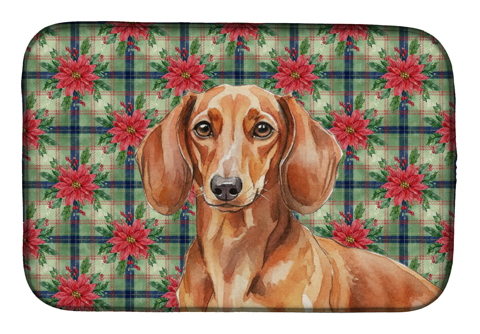 Red Brown Dachshund Christmas PoinsettIas Dish Drying Mat Absorbent Dish Drying Mat Pad for Kitchen Counter Dish Drainer Mat for Countertop, 14 x 21", Multicolor
