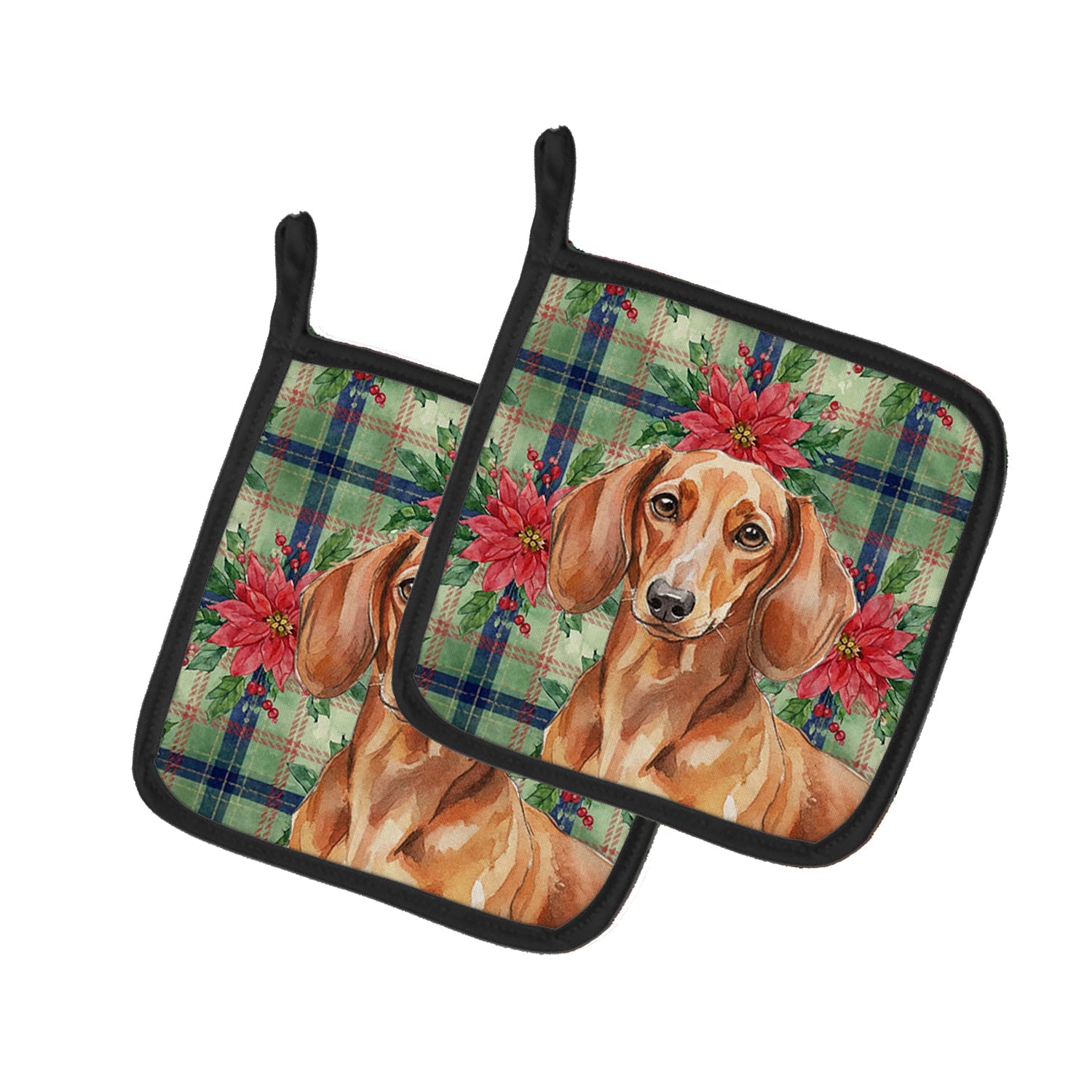 Red Brown Dachshund Christmas PoinsettIas Pot Holder Set of 2 Heat Resistant Quilted Hot Pads 7.5 x 7.5 Inch, Insulated Kitchen Trivets for Cooking & Baking
