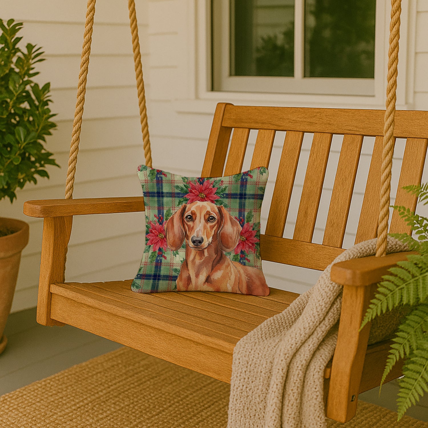 Red Brown Dachshund Christmas PoinsettIas Decorative Throw Pillow 14x14 Indoor Outdoor Accent Cushion, Fabric Cover with Insert for Sofa, Bed, Porch & Living Room