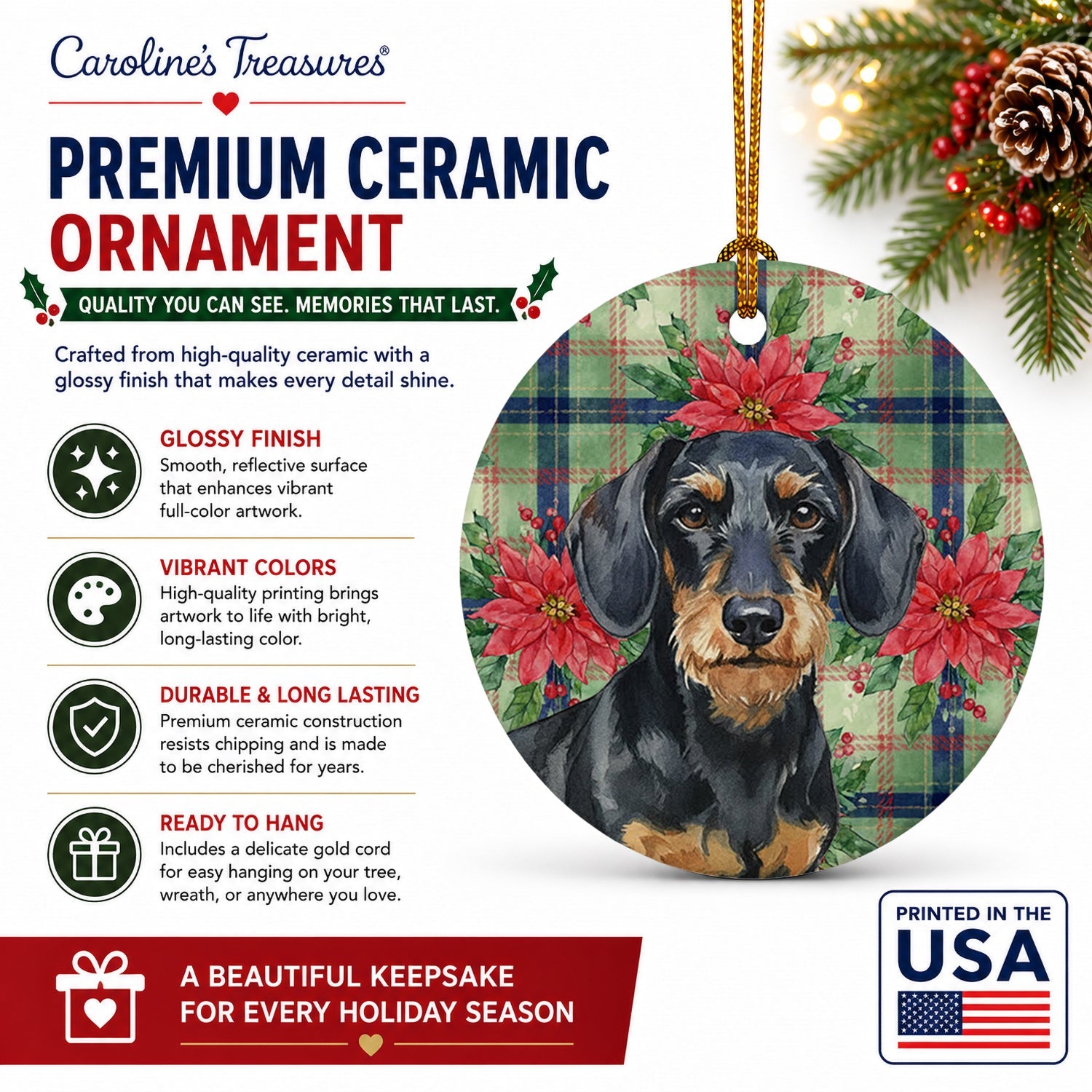 Wirehaired Black and Tan Dachshund Christmas PoinsettIas Ceramic Ornament Christmas Tree Hanging Decorations for Home Christmas Holiday, Party, Gift, 3 in, Multicolor