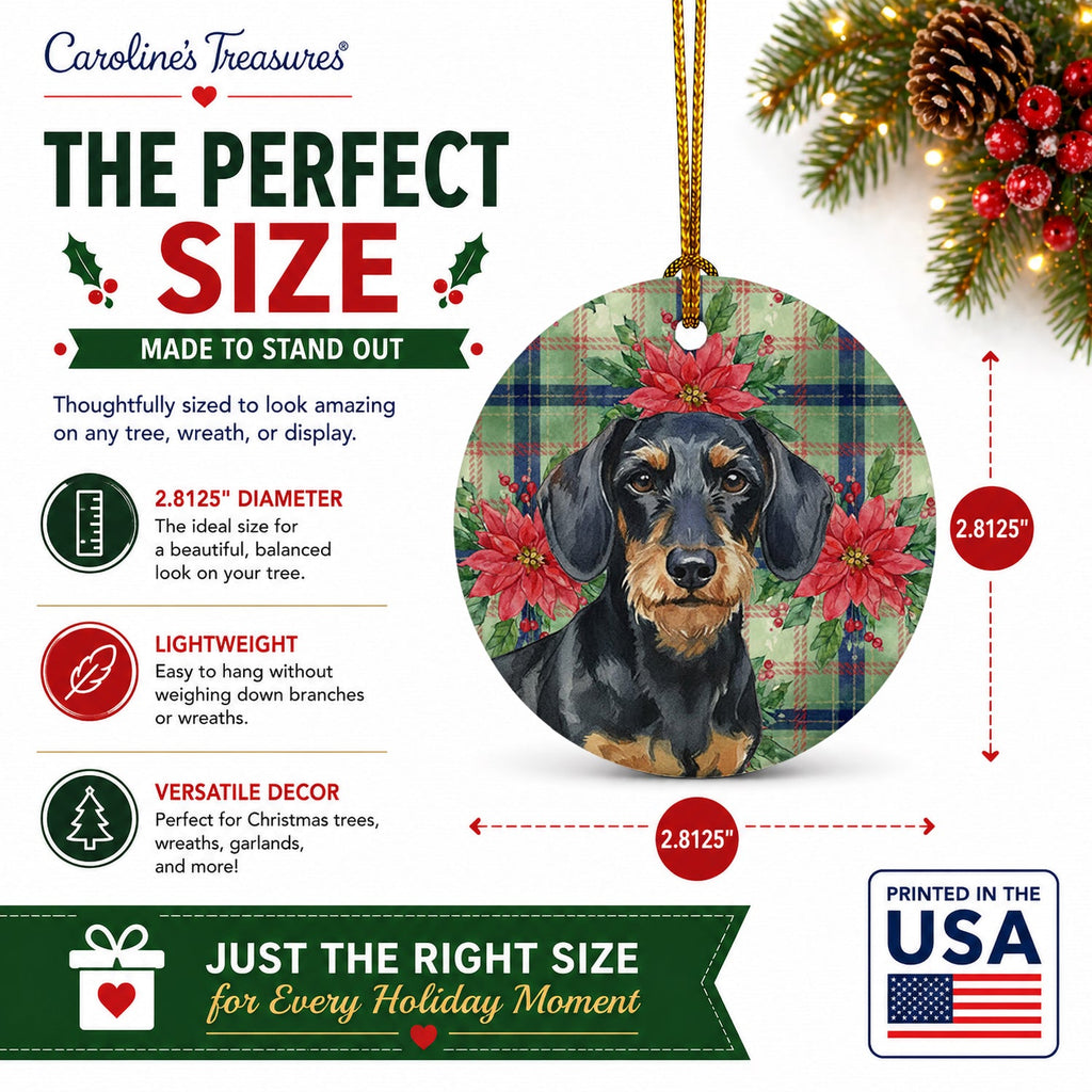 Wirehaired Black and Tan Dachshund Christmas PoinsettIas Ceramic Ornament Christmas Tree Hanging Decorations for Home Christmas Holiday, Party, Gift, 3 in, Multicolor