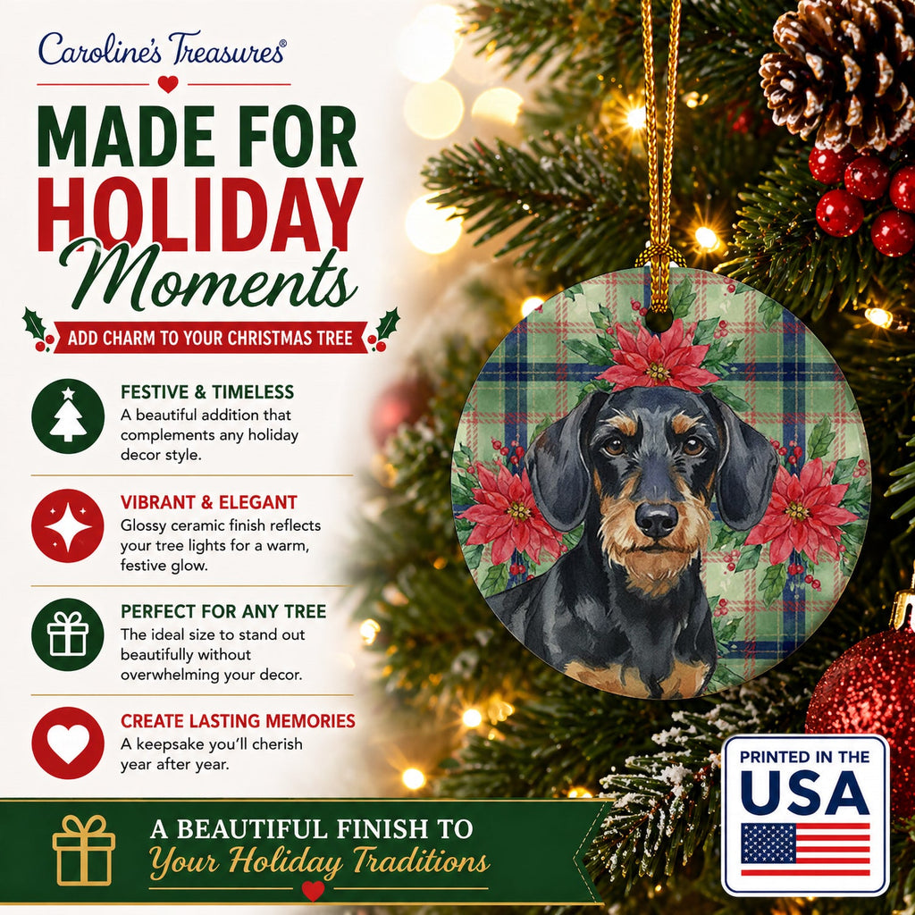 Wirehaired Black and Tan Dachshund Christmas PoinsettIas Ceramic Ornament Christmas Tree Hanging Decorations for Home Christmas Holiday, Party, Gift, 3 in, Multicolor