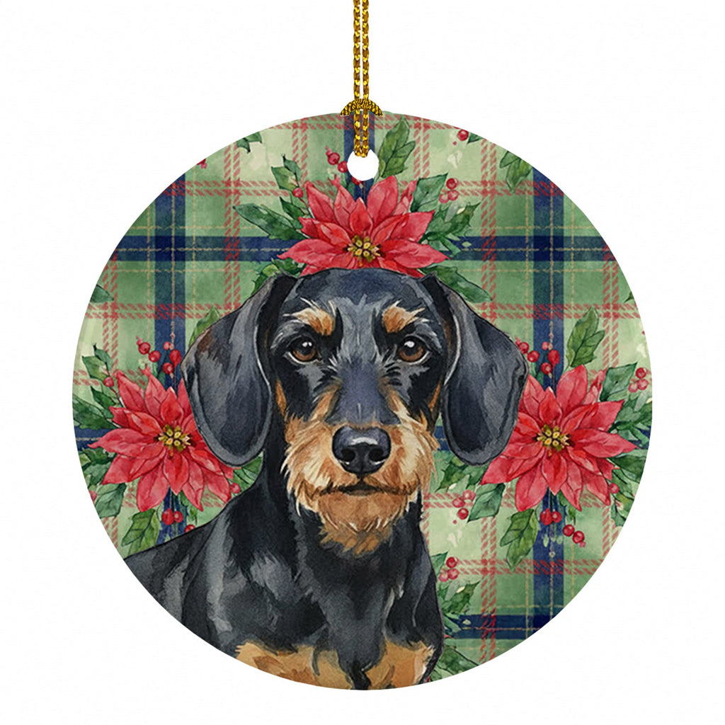 Wirehaired Black and Tan Dachshund Christmas PoinsettIas Ceramic Ornament Christmas Tree Hanging Decorations for Home Christmas Holiday, Party, Gift, 3 in, Multicolor