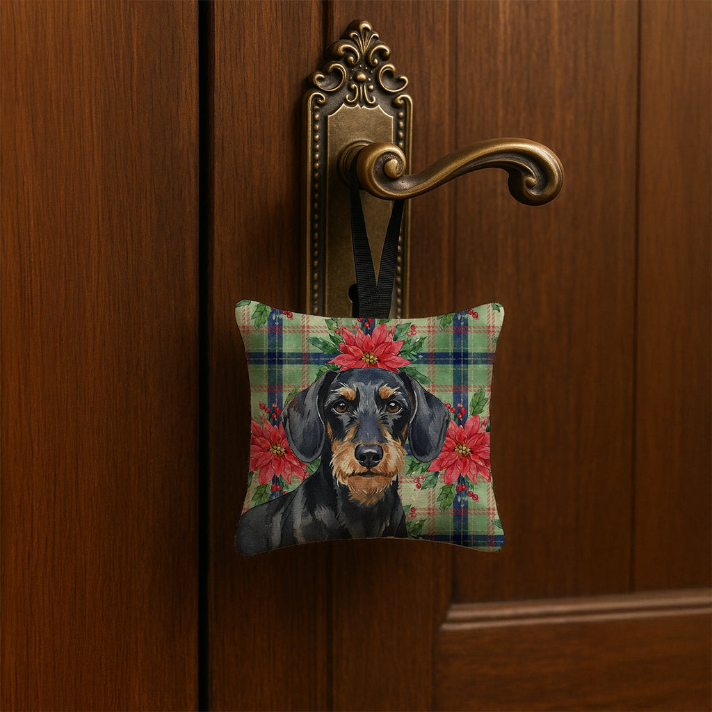 Wirehaired Black and Tan Dachshund Christmas PoinsettIas Hanging Square Fabric Ornament 3.5 � 3.5 Decorative Door-Knob & Tree Hanger, Soft Fabric